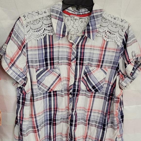 Westport Tops - Westport 2X Button Short Sleeve Lace Shoulder Top